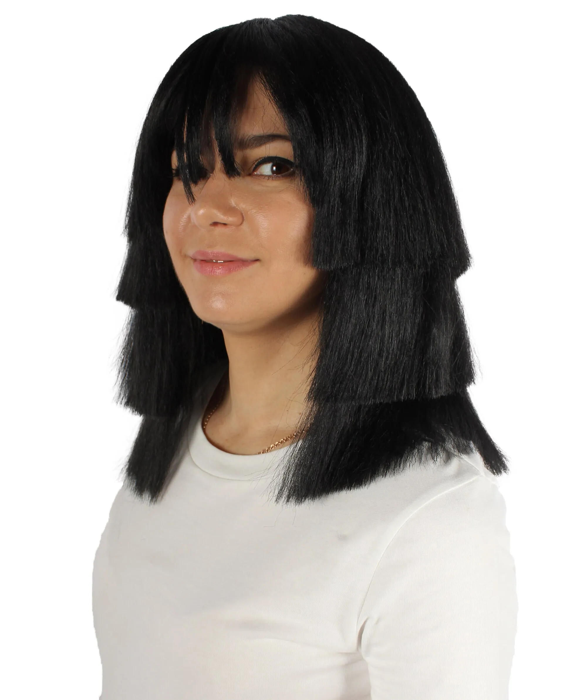 Adult Unisex Multi-layered Straight Black Wig with Bangs, Perfect for Halloween, Flame-retardant Synthetic Fiber