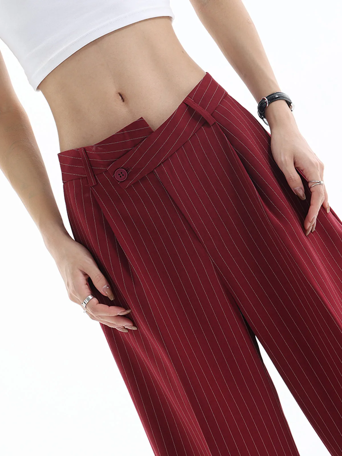 Asymmetrical High-Waist Pinstripe Pants