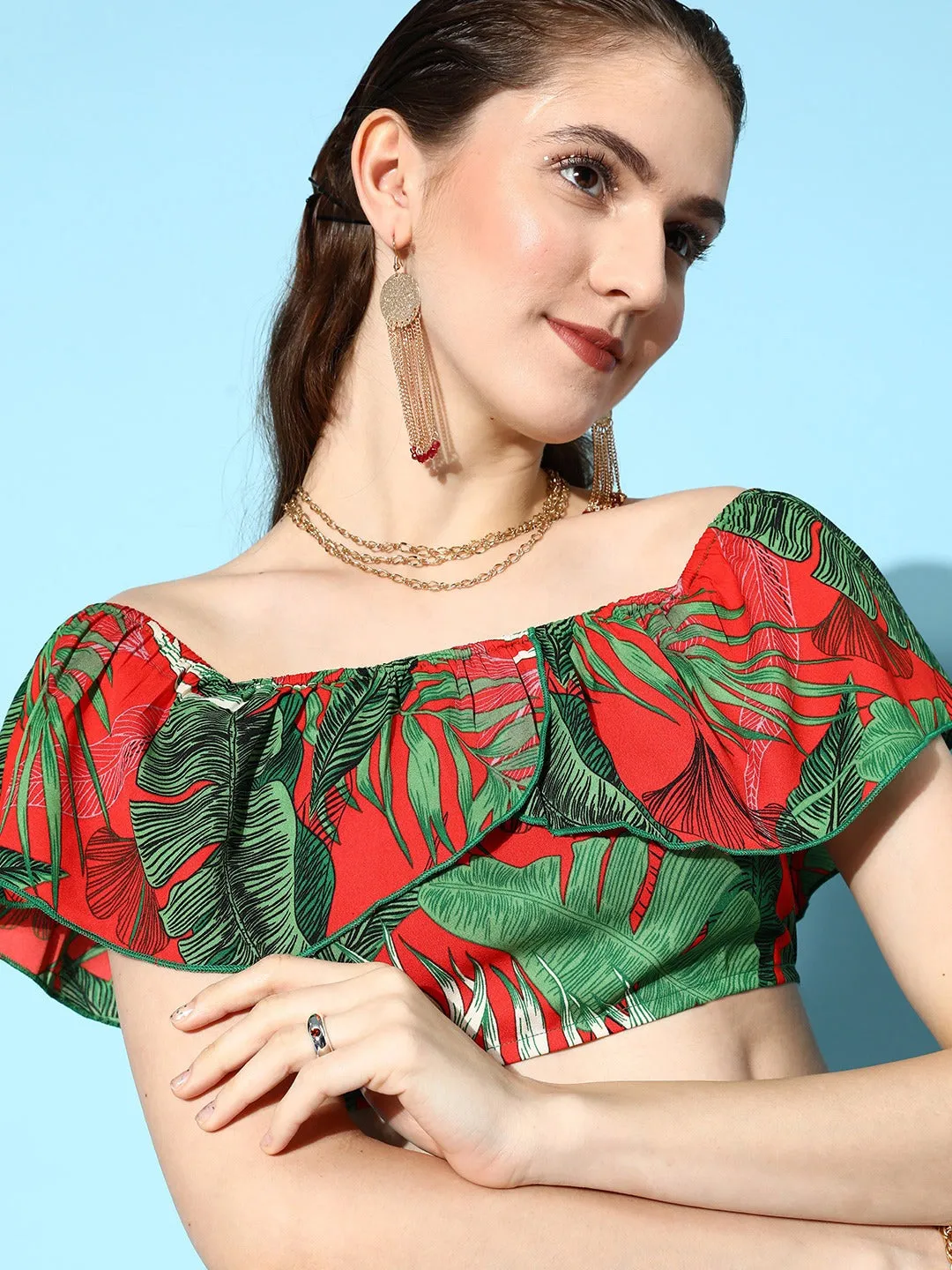 Berrylush Women Red & Green Tropical Printed Off-Shoulder Neck Wrap Hem Top & Shorts Set