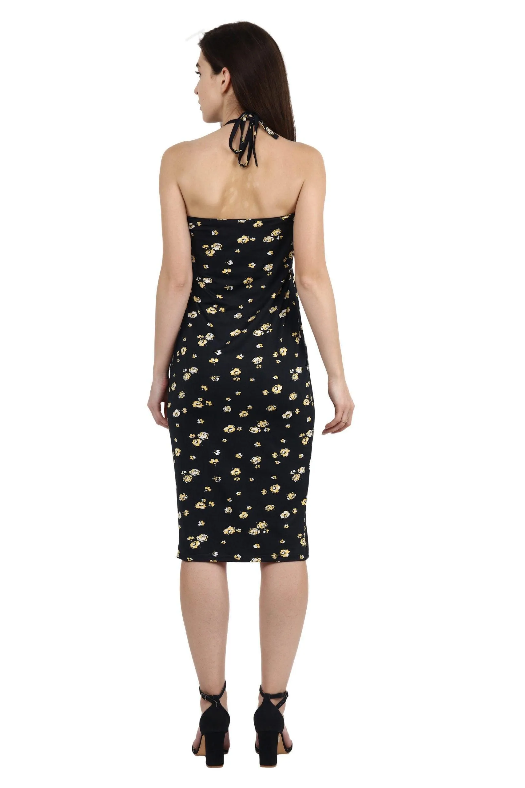 Black & Yellow Floral Printed Dress with Horizontal Cutouts