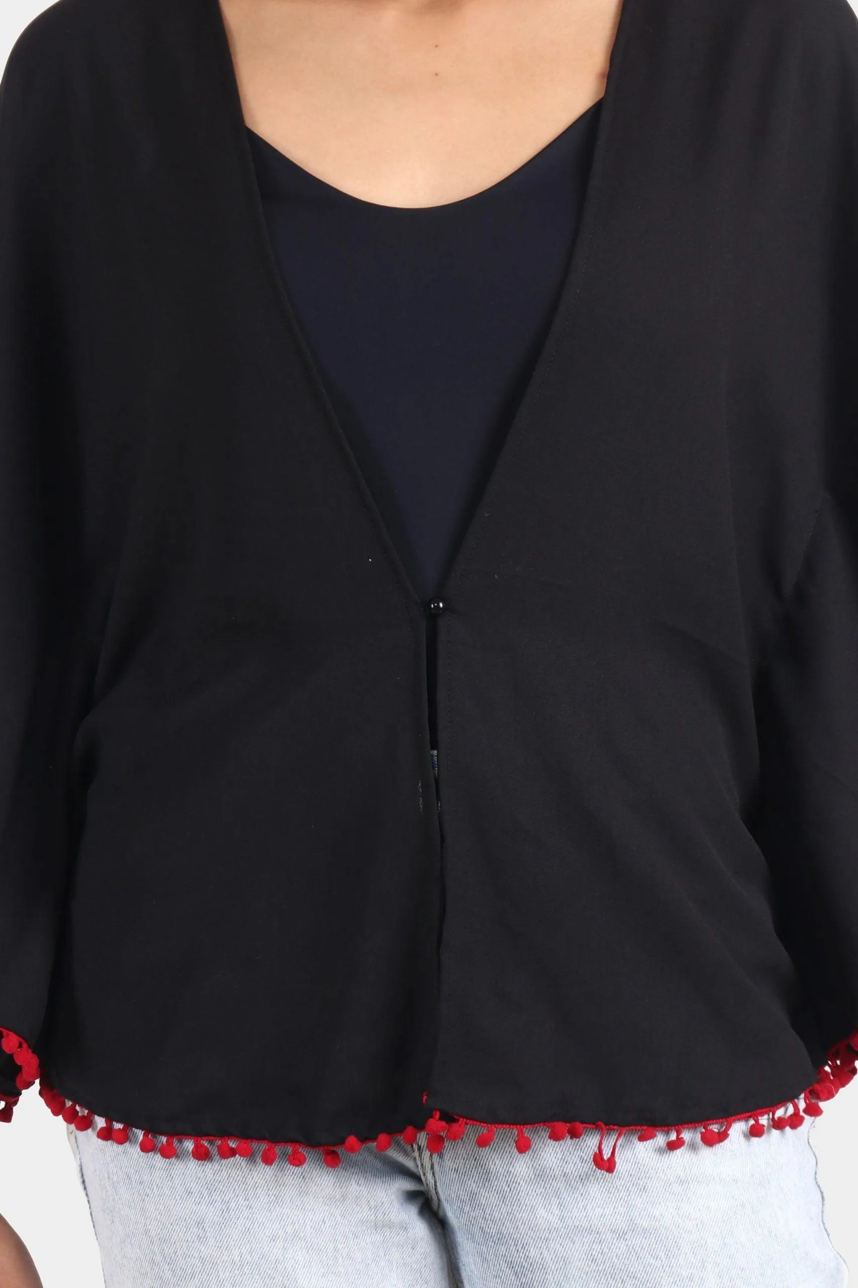 Black Solid Shrug with Pom Poms