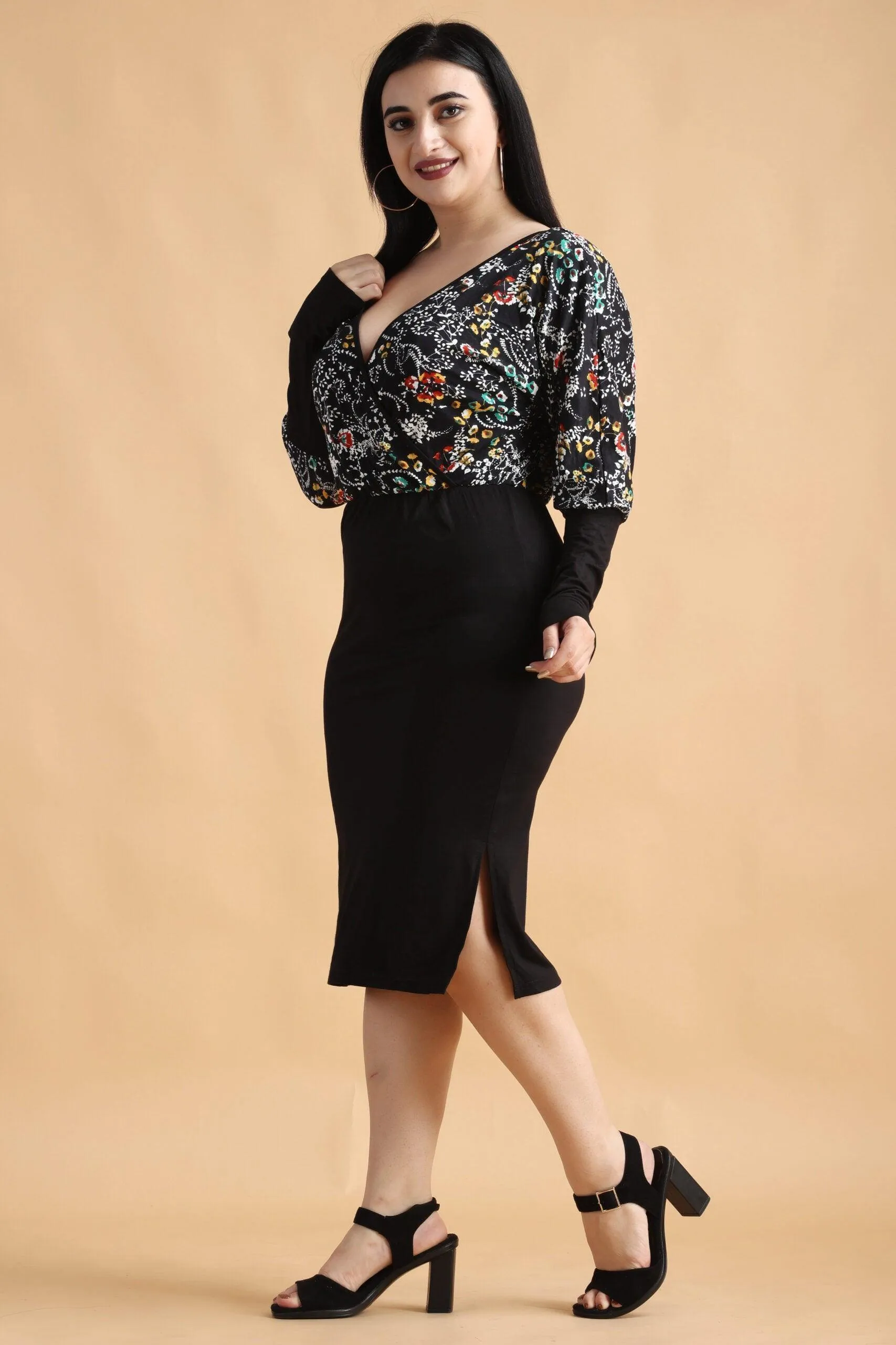 Black Stem Printed Curvy Dress