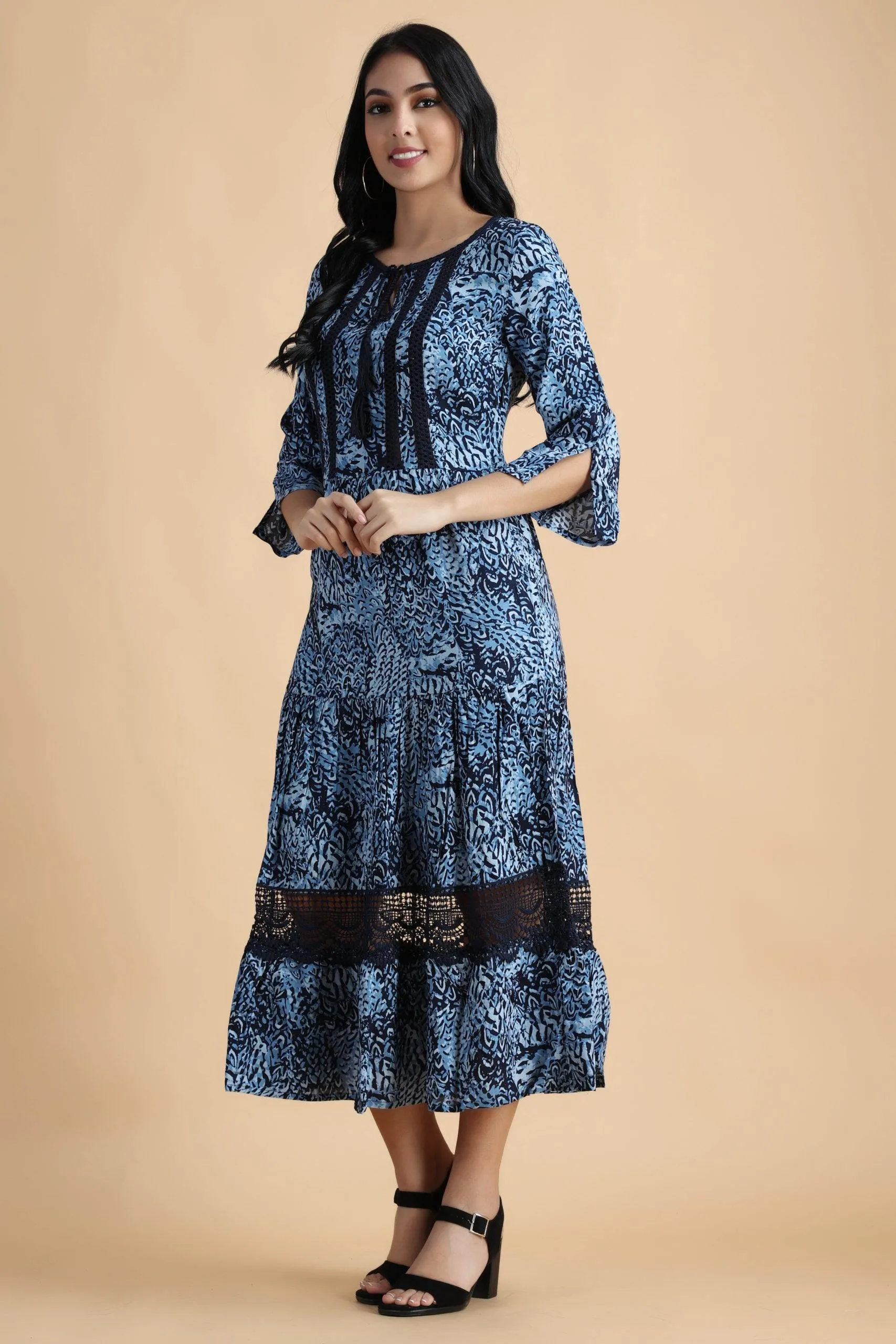 Blue Abstract Printed Dress with Lace