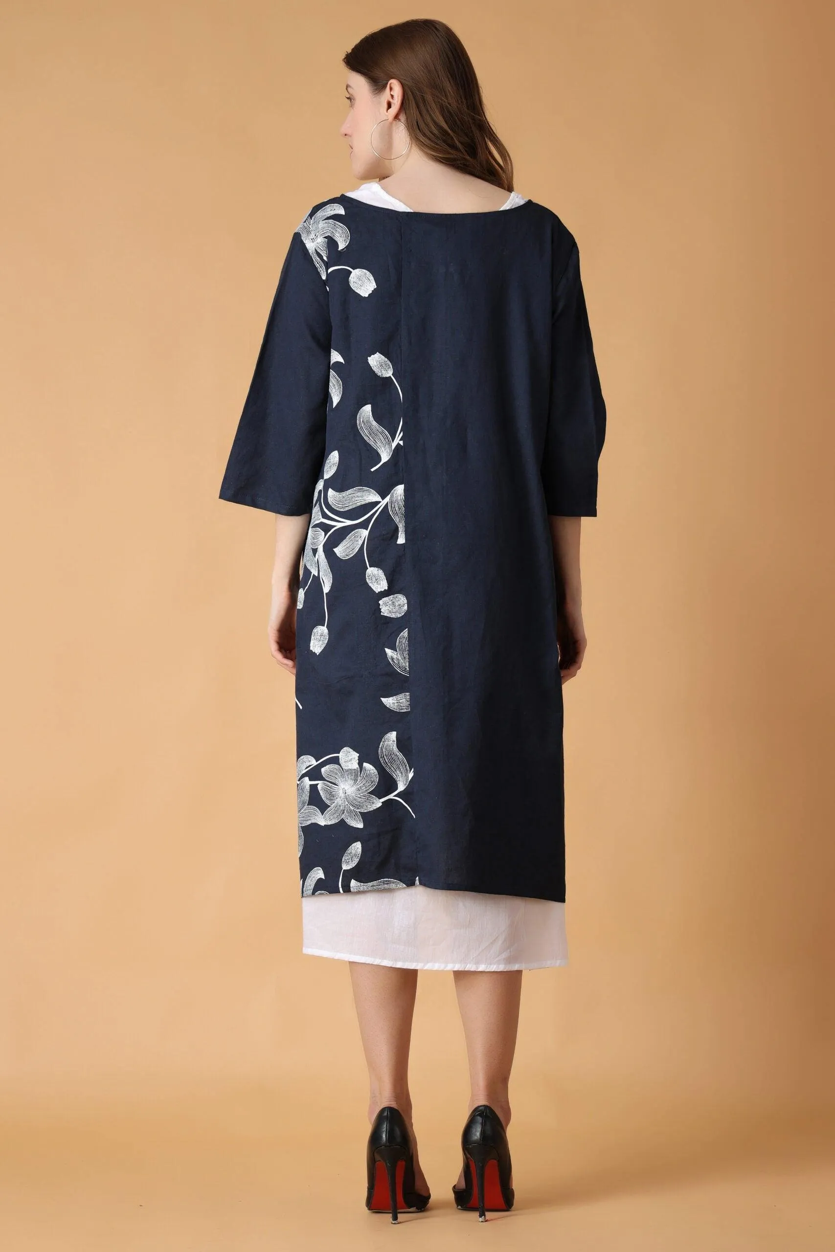 Blue & White Solid Two Layered Kurti with Floral Patch