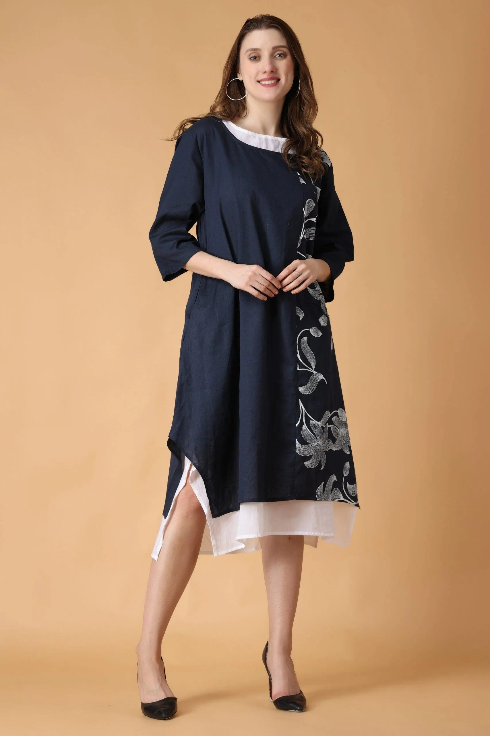 Blue & White Solid Two Layered Kurti with Floral Patch