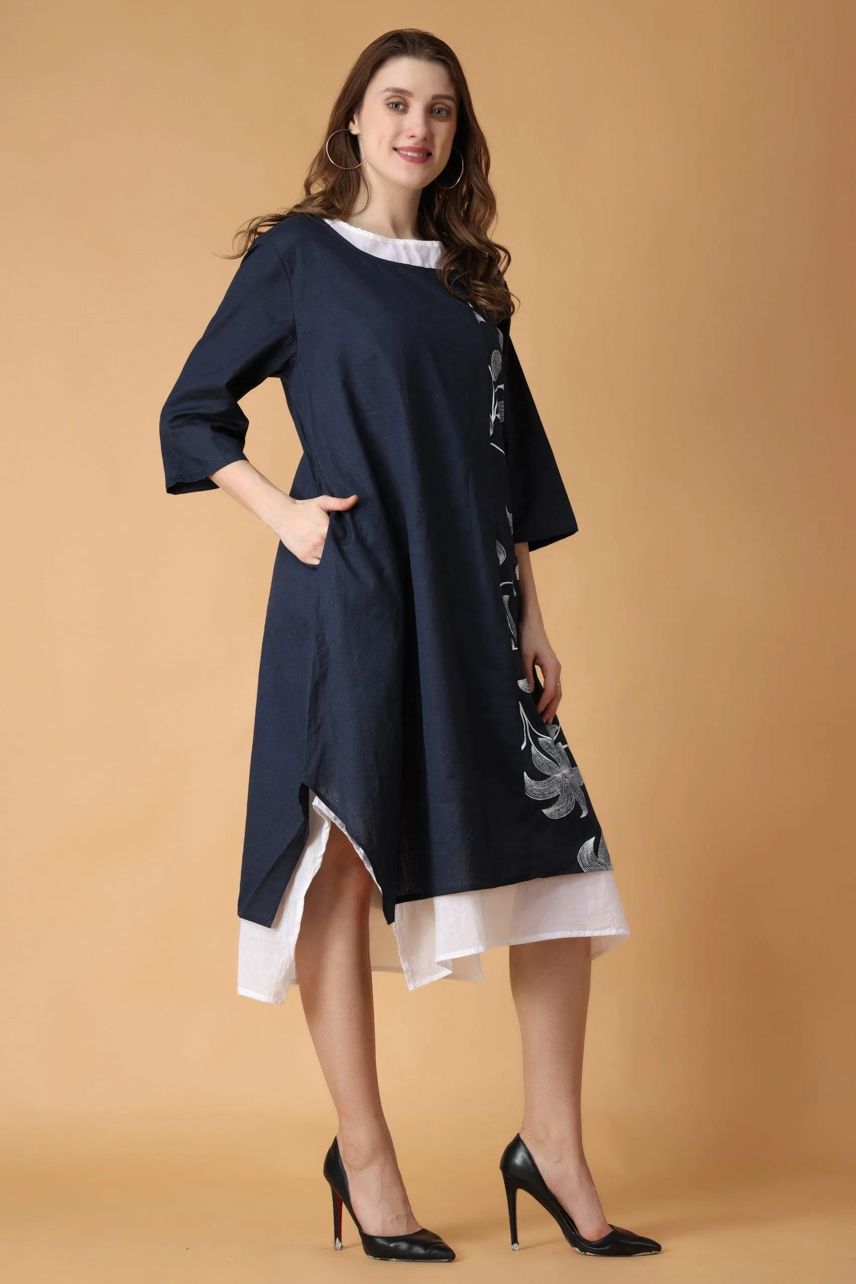 Blue & White Solid Two Layered Kurti with Floral Patch