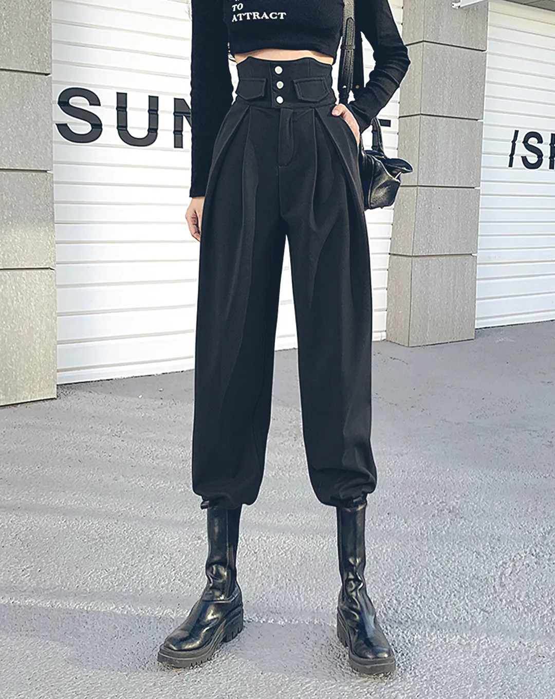 ♀Button High Waist Pants