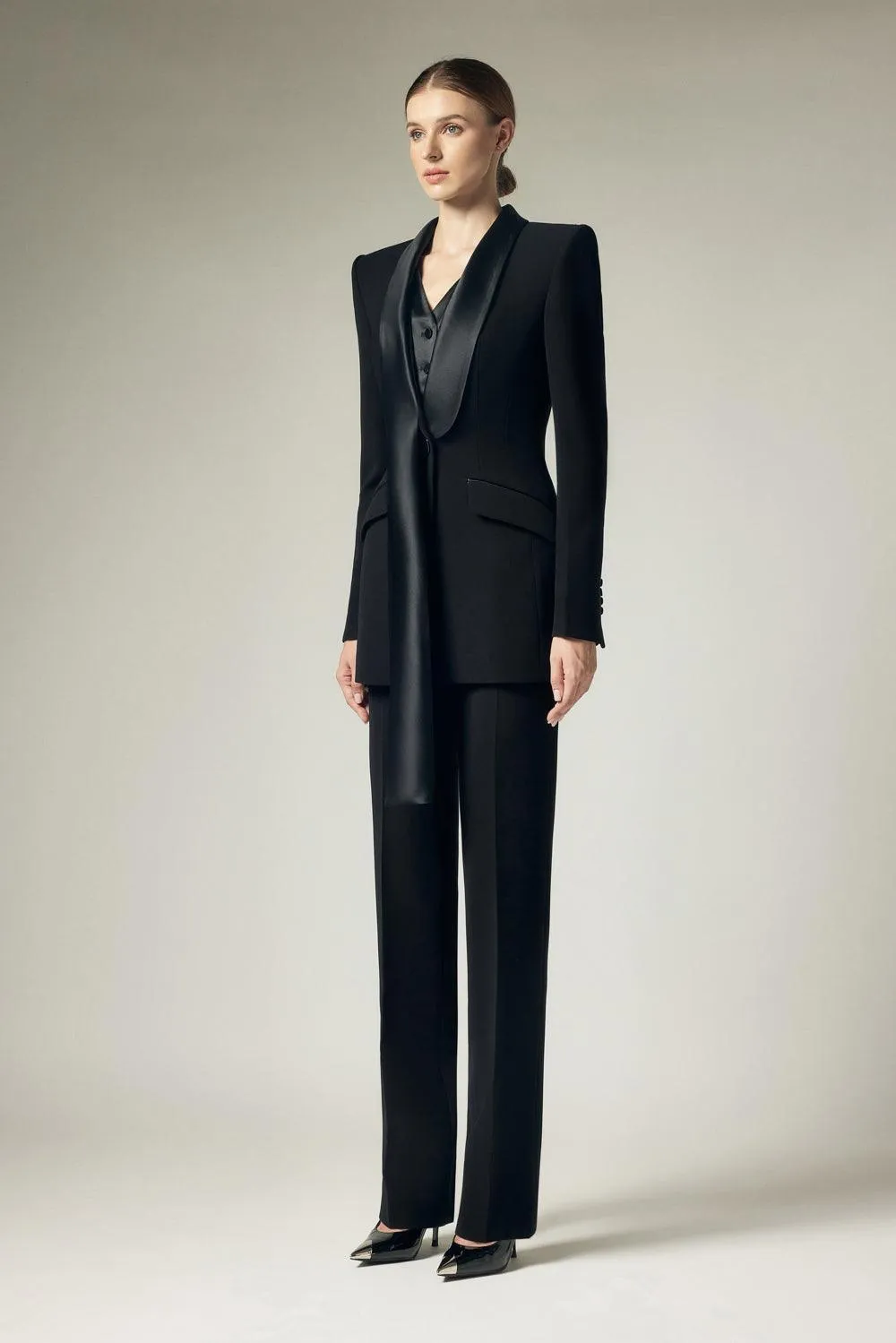 Cassie Structured Extended Flap Satin Crepe Blazer