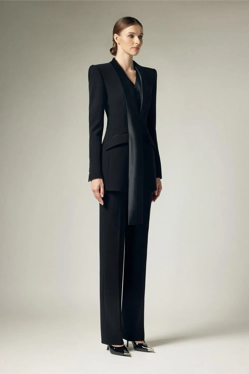 Cassie Structured Extended Flap Satin Crepe Blazer