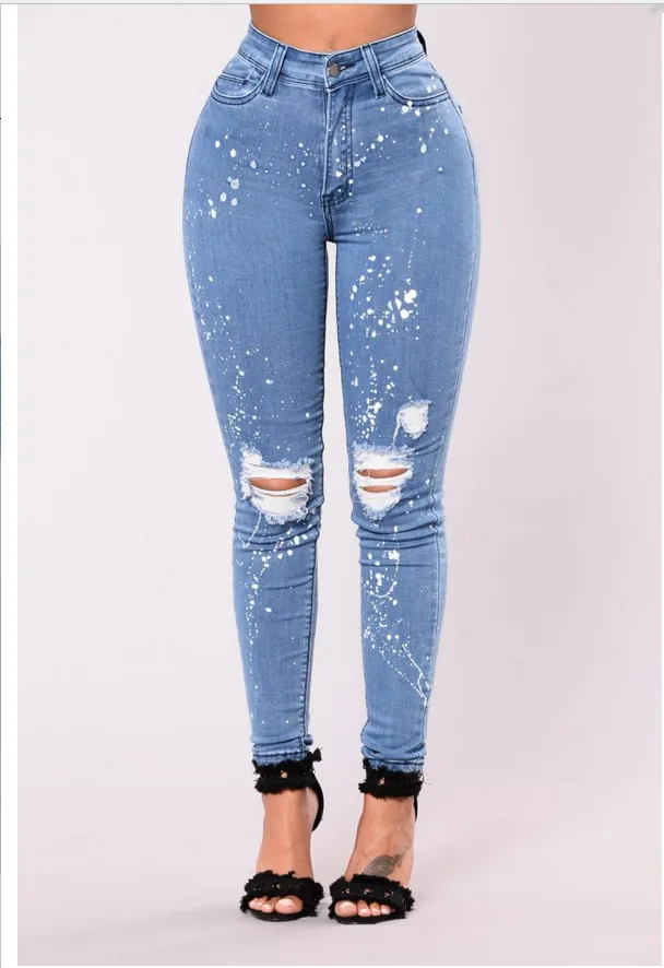 casual Solid Color high waist ripped trousers jeans