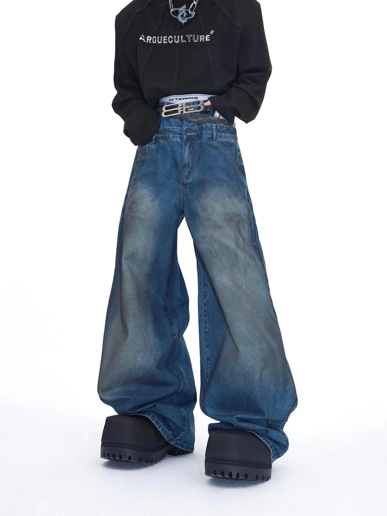 Distressed Denim Suit with Double-Layer Jacket and Wasteland Jeans