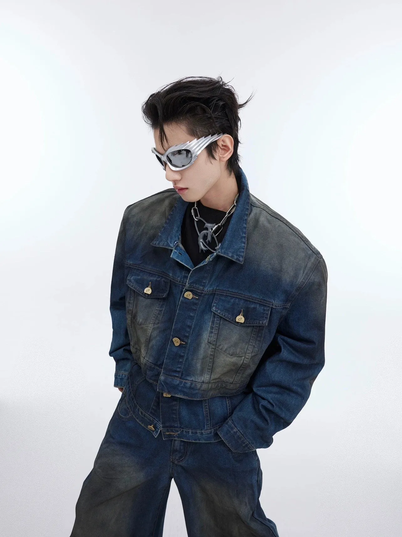 Distressed Denim Suit with Double-Layer Jacket and Wasteland Jeans