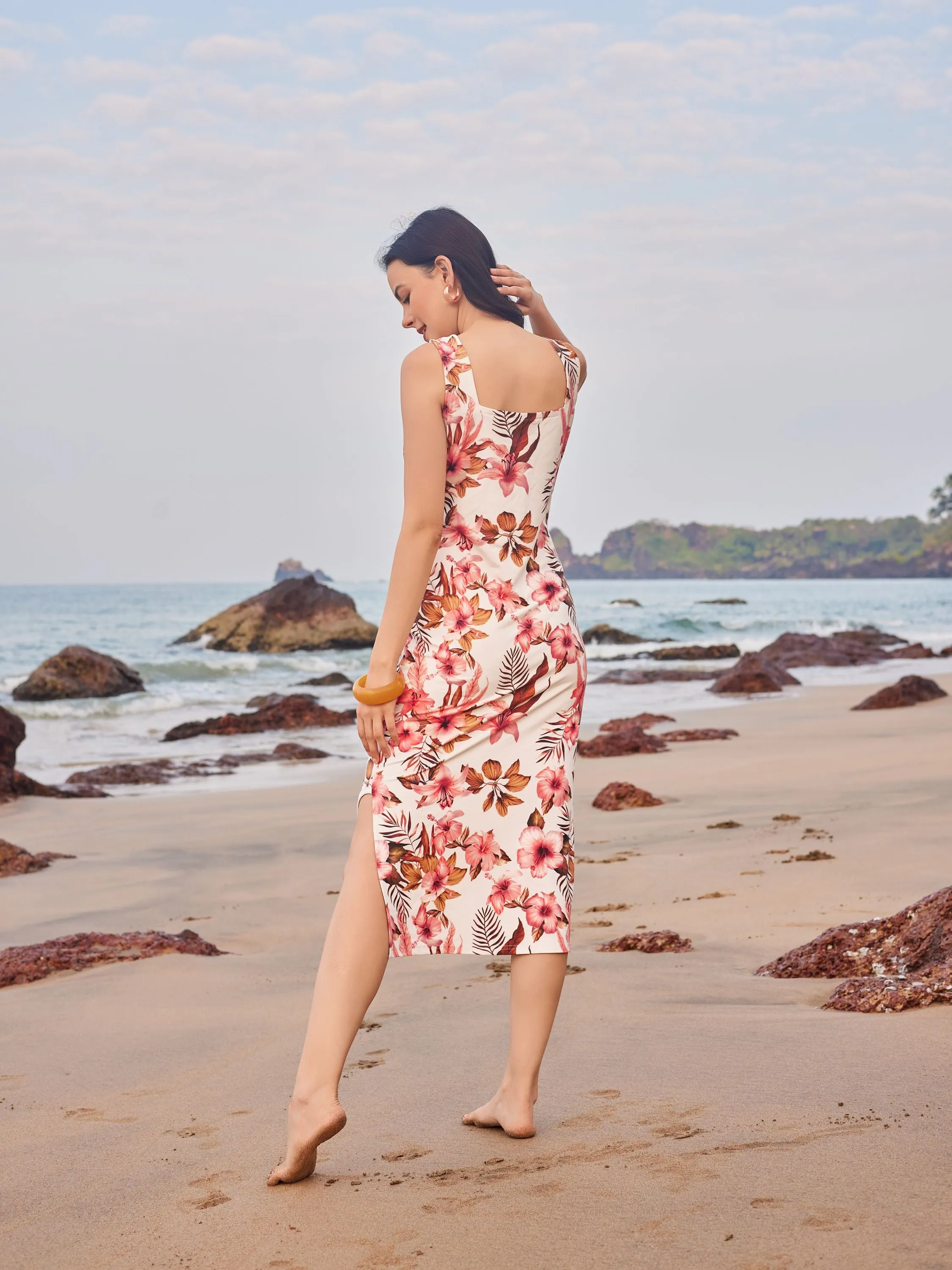 Flower Print  White Bodycon Dress