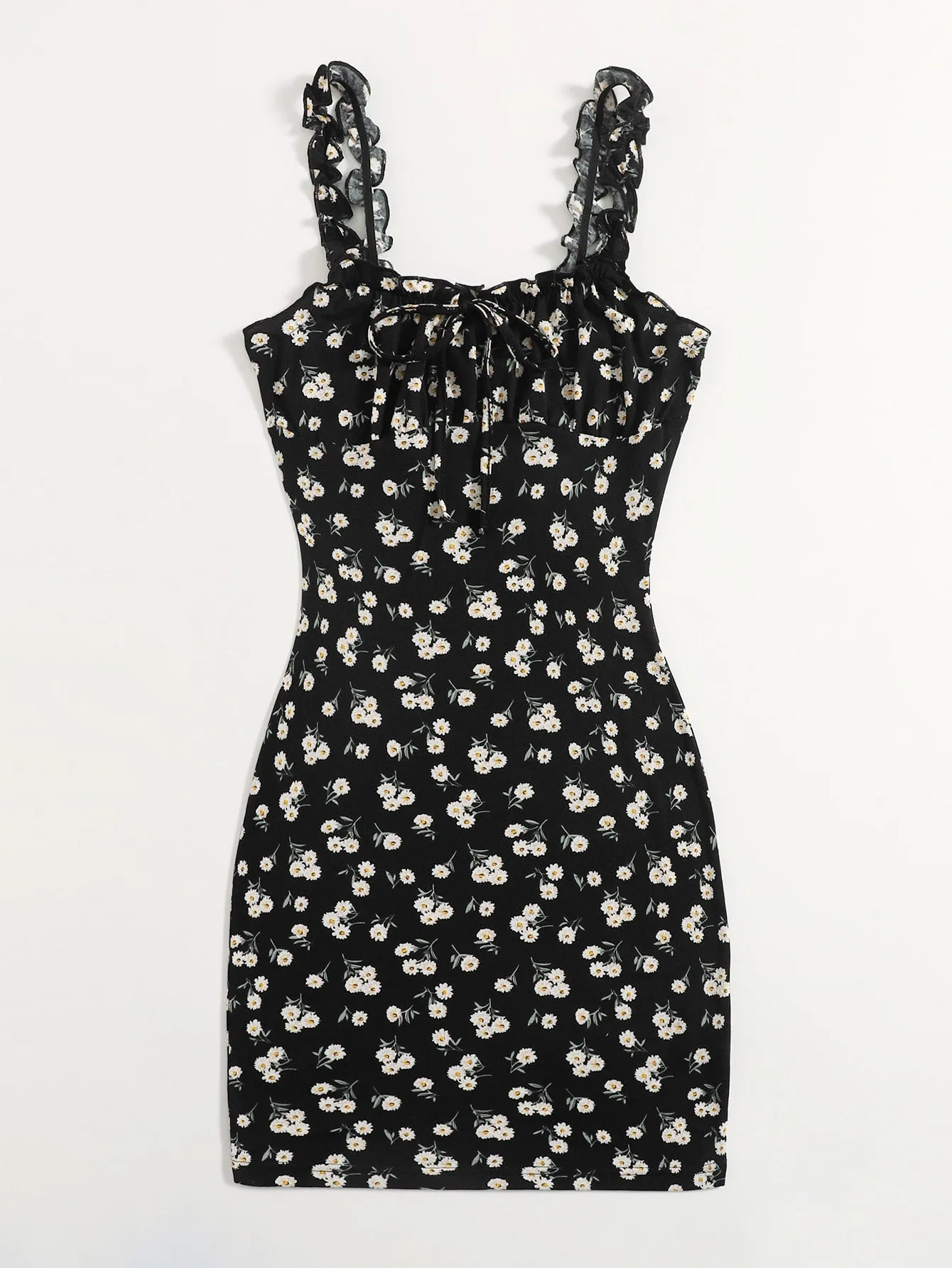 Frilled Strap Tie Front Ruched Bust Daisy Floral Dress