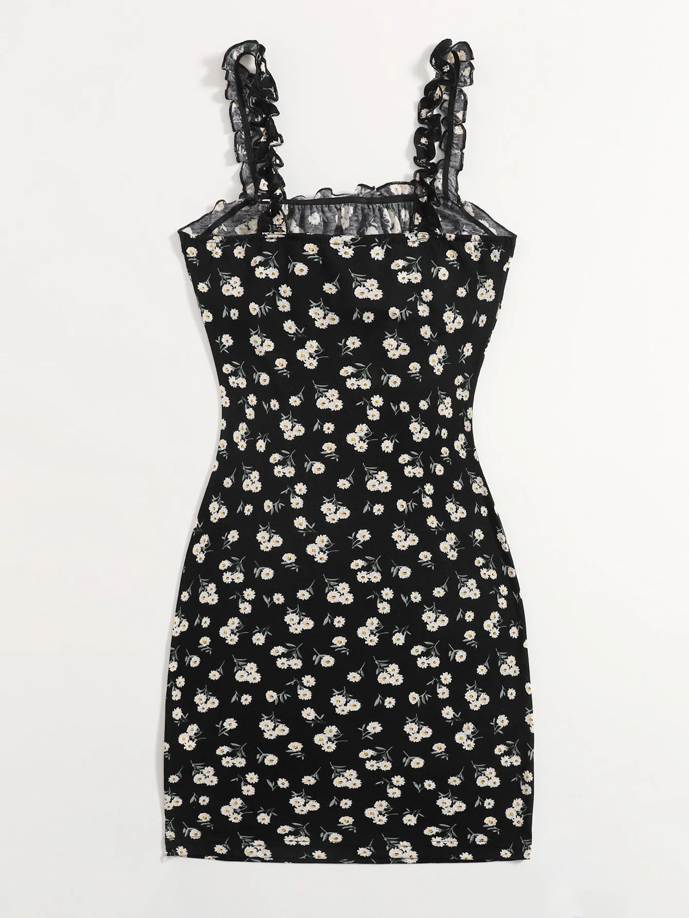 Frilled Strap Tie Front Ruched Bust Daisy Floral Dress
