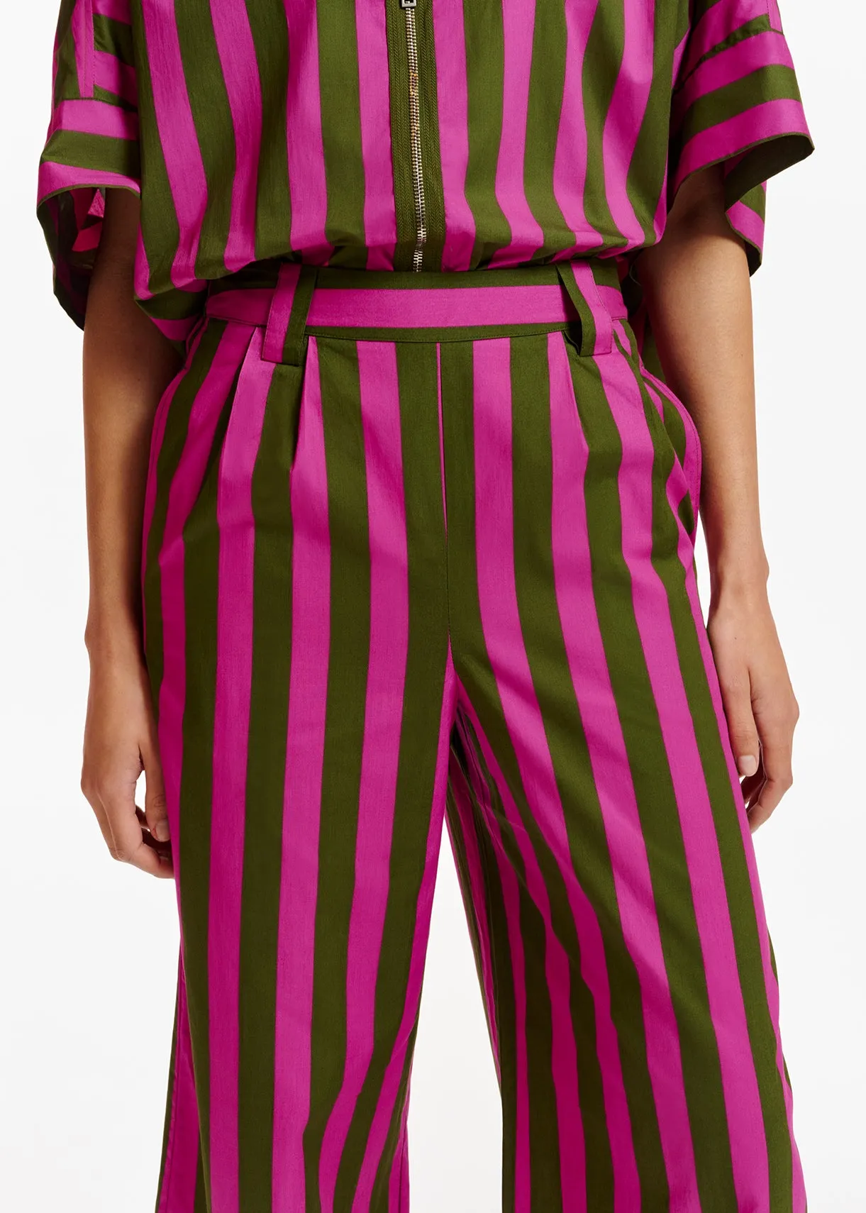 Green and purple striped cotton wide-leg pants