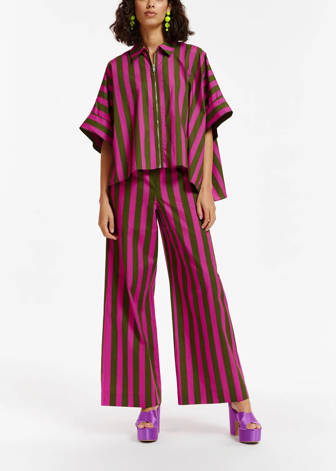 Green and purple striped cotton wide-leg pants