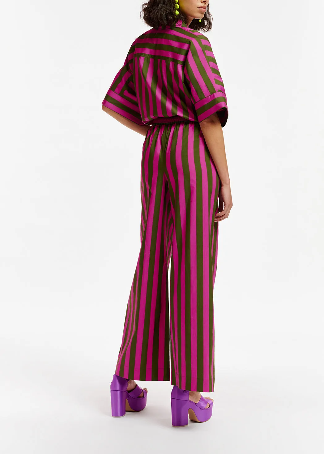 Green and purple striped cotton wide-leg pants