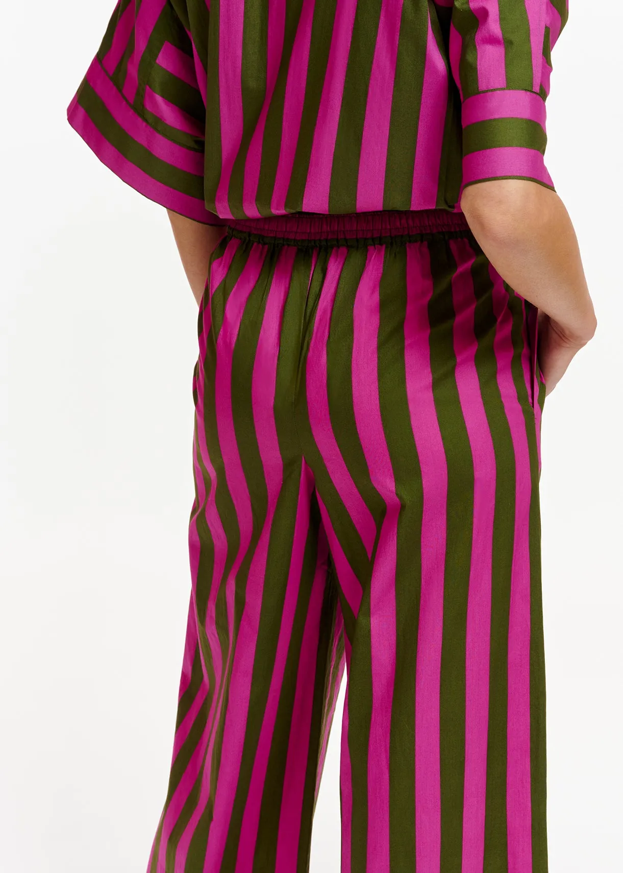 Green and purple striped cotton wide-leg pants