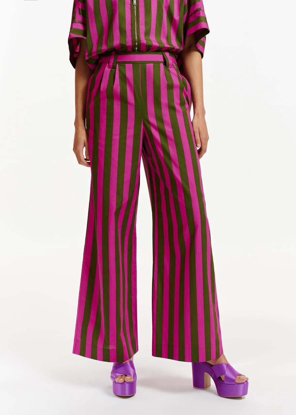 Green and purple striped cotton wide-leg pants
