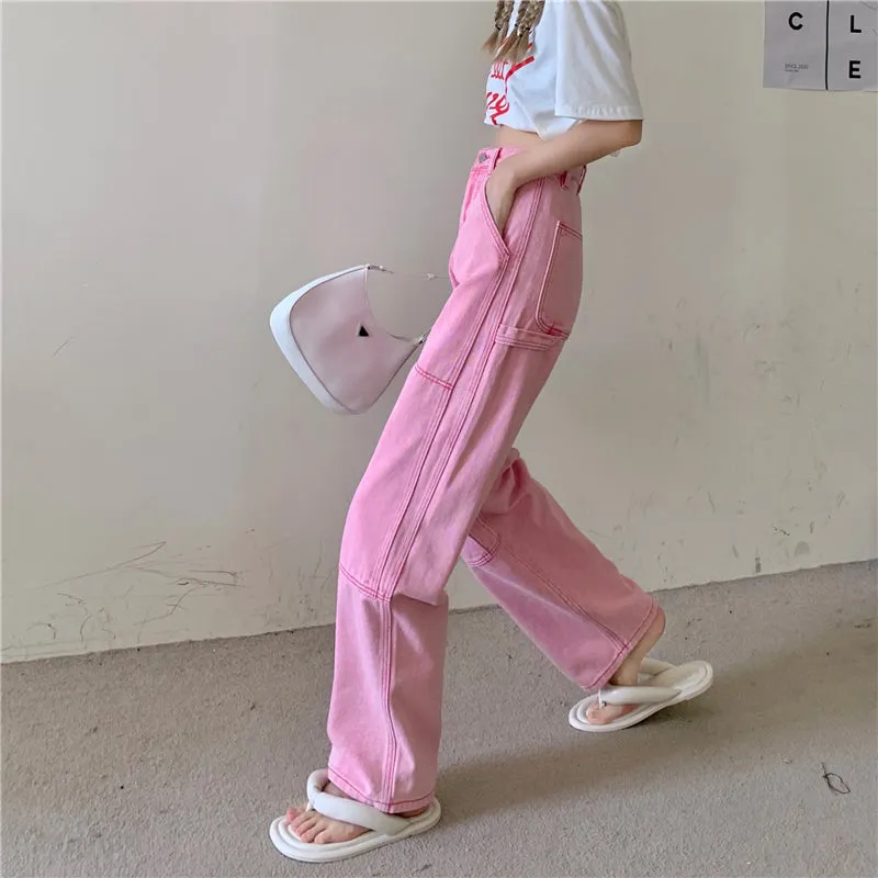 High Waist Hot Pastel Line Pink Long Pants Jeans