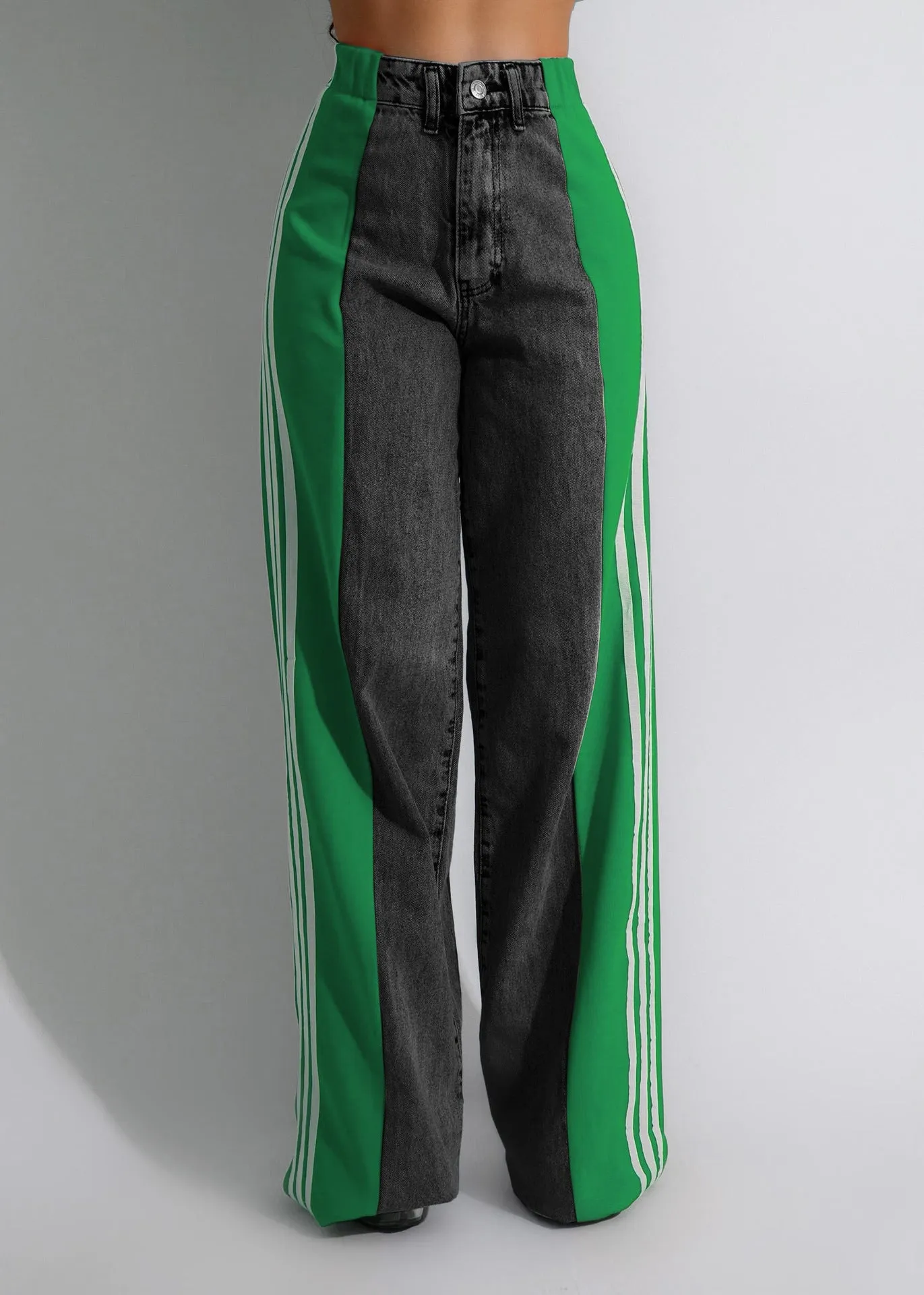 High Waist Straight Leg Side Stripe Stretch Denim Pants