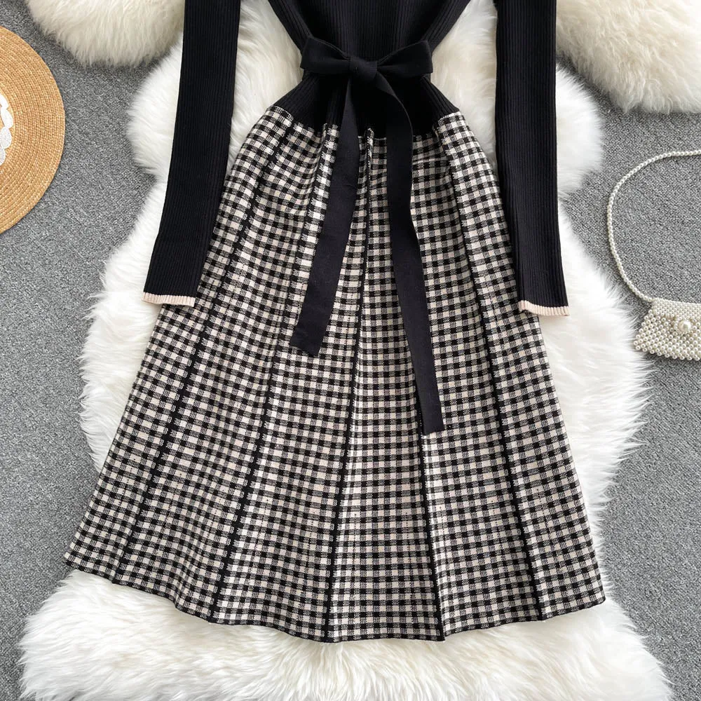 Knit Single-breasted Patchwork Dress