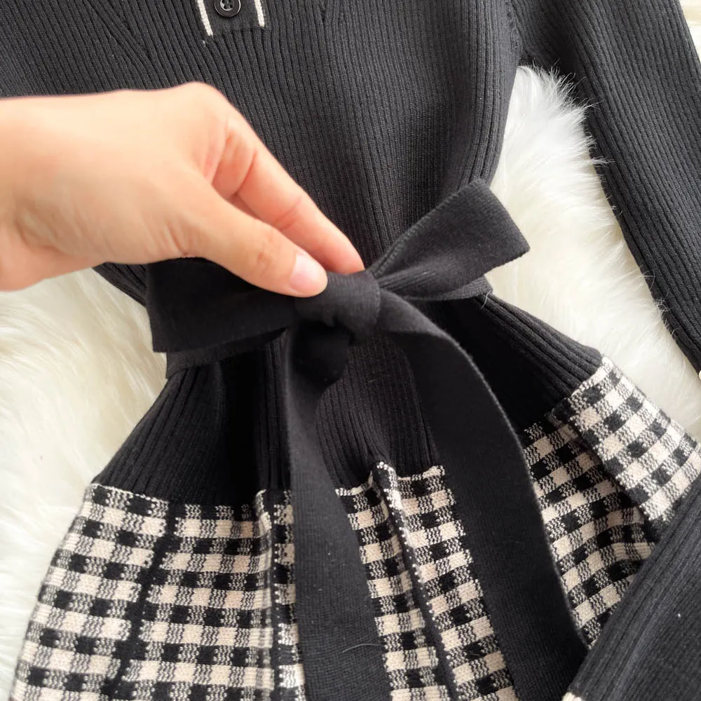 Knit Single-breasted Patchwork Dress