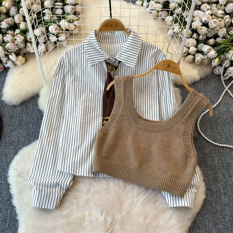 Knitted Vest&Striped Shirt 2Pcs