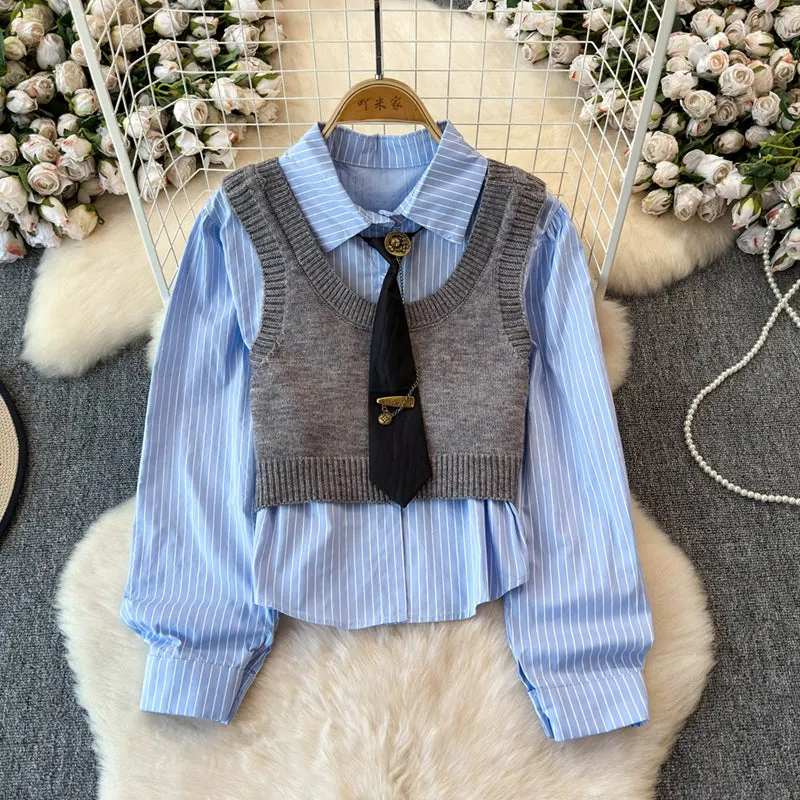 Knitted Vest&Striped Shirt 2Pcs