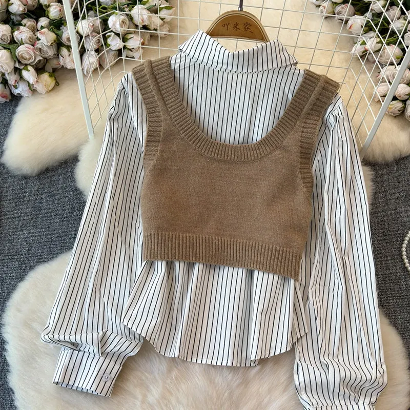 Knitted Vest&Striped Shirt 2Pcs
