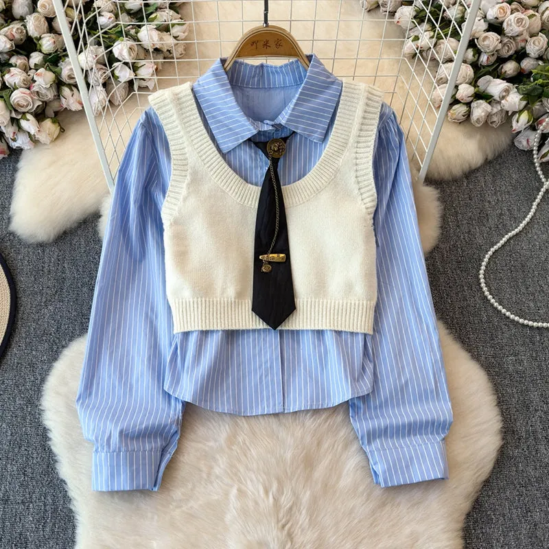 Knitted Vest&Striped Shirt 2Pcs