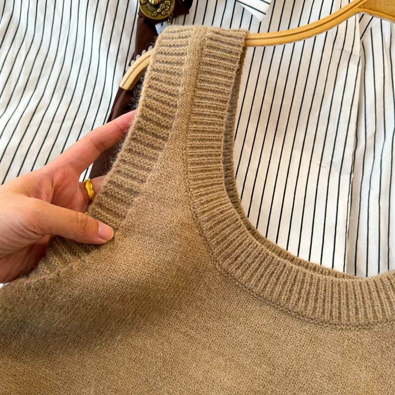 Knitted Vest&Striped Shirt 2Pcs