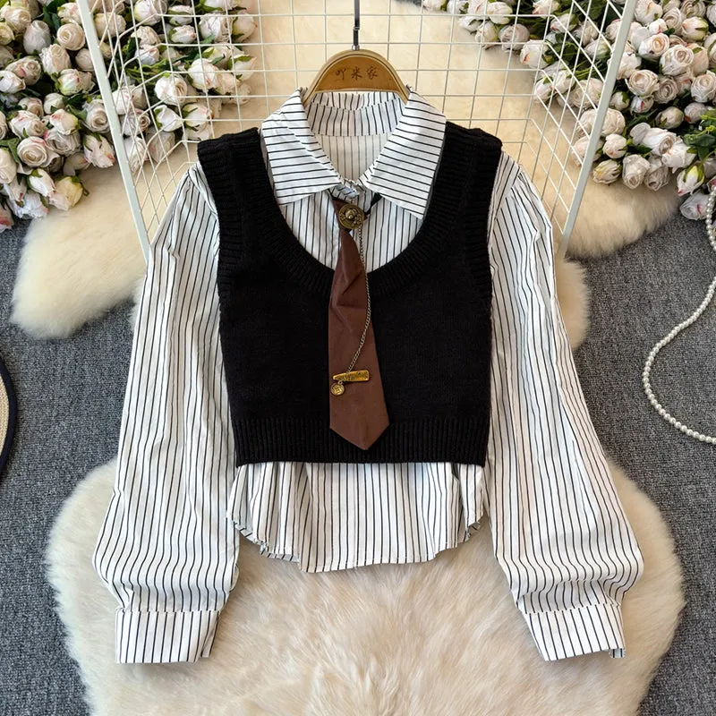 Knitted Vest&Striped Shirt 2Pcs