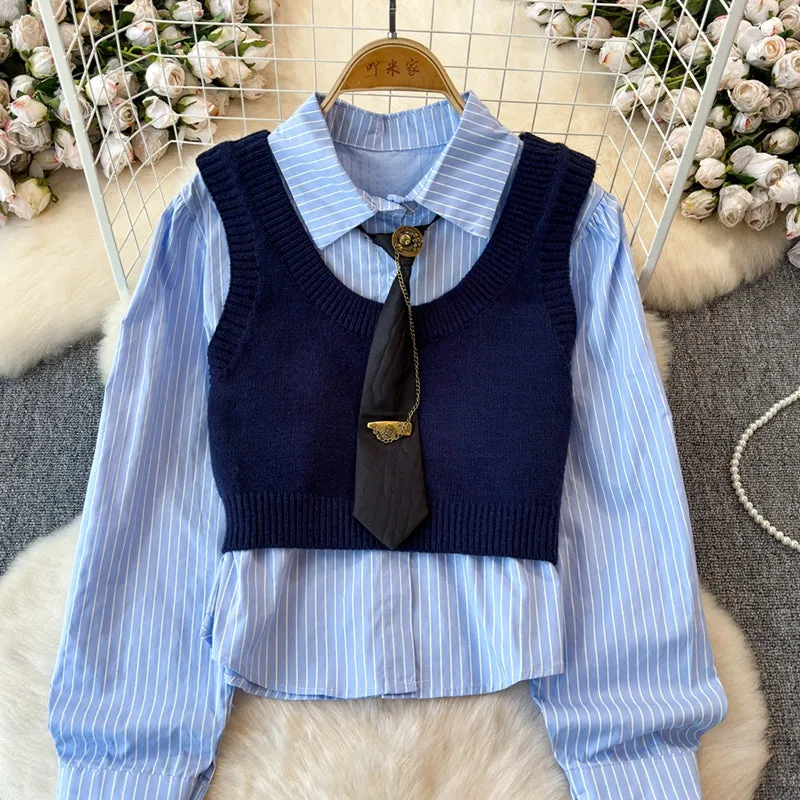 Knitted Vest&Striped Shirt 2Pcs
