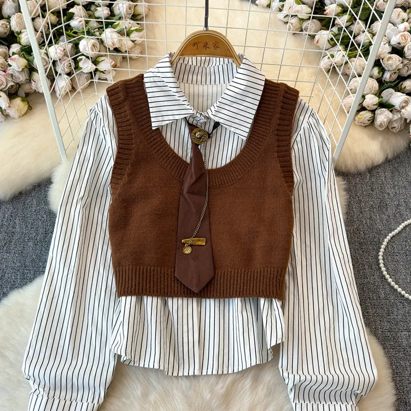 Knitted Vest&Striped Shirt 2Pcs