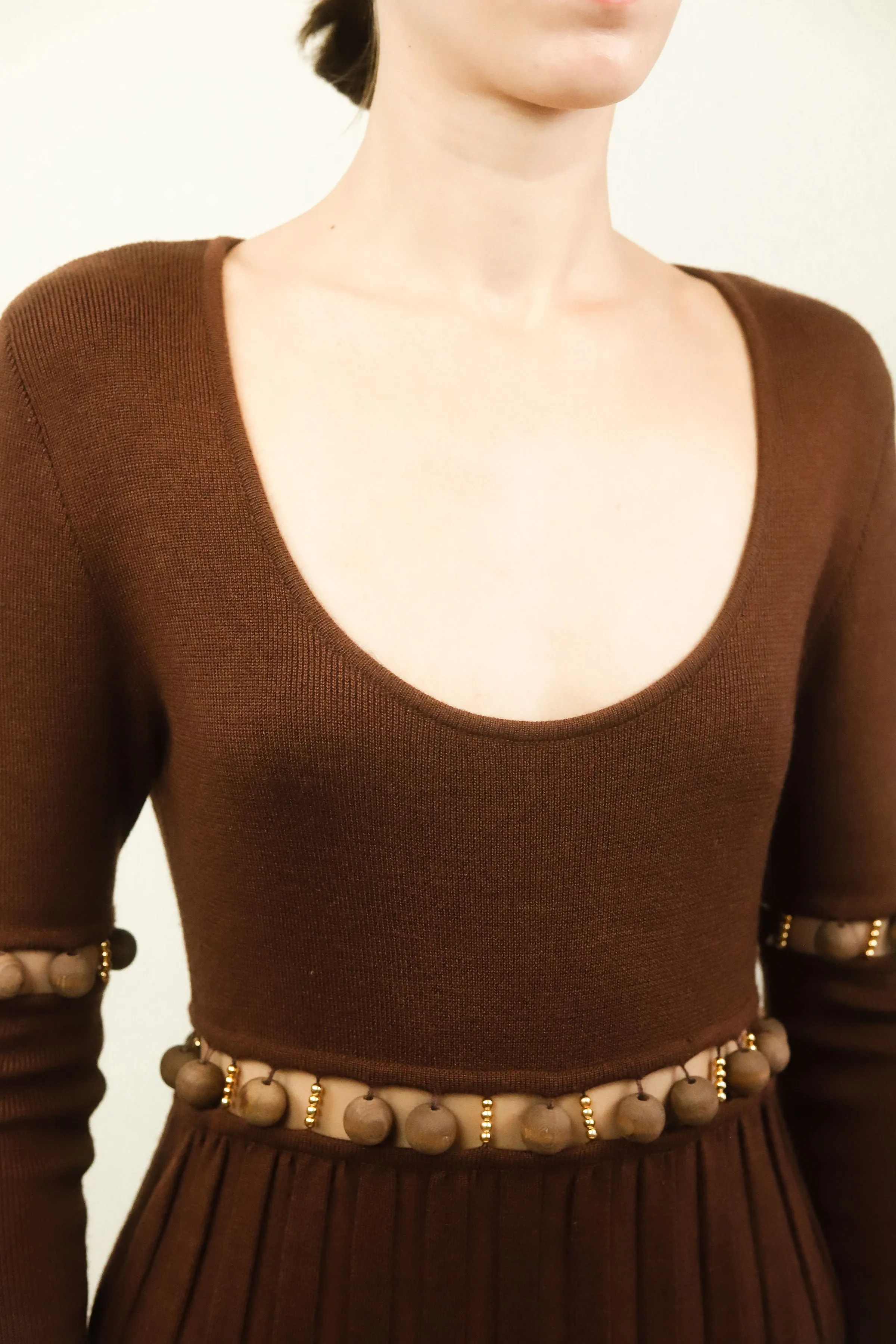 Laura Biagiotti Brown Knit Cut Out Beaded Dress