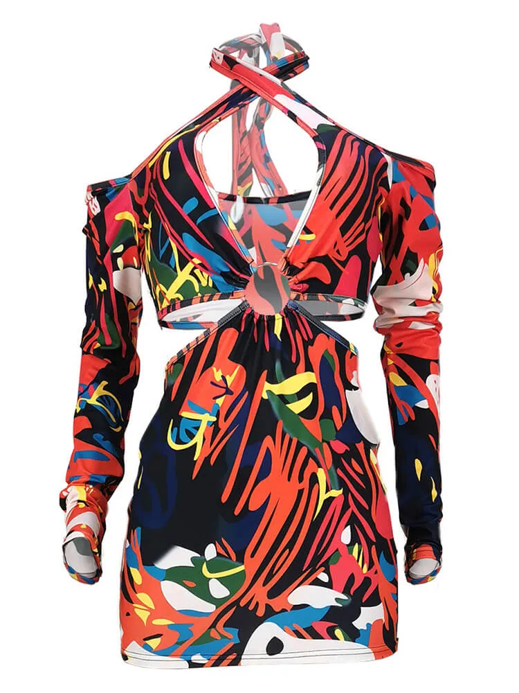 Long Sleeve Off Shoulder Cut Out Mini Dresses