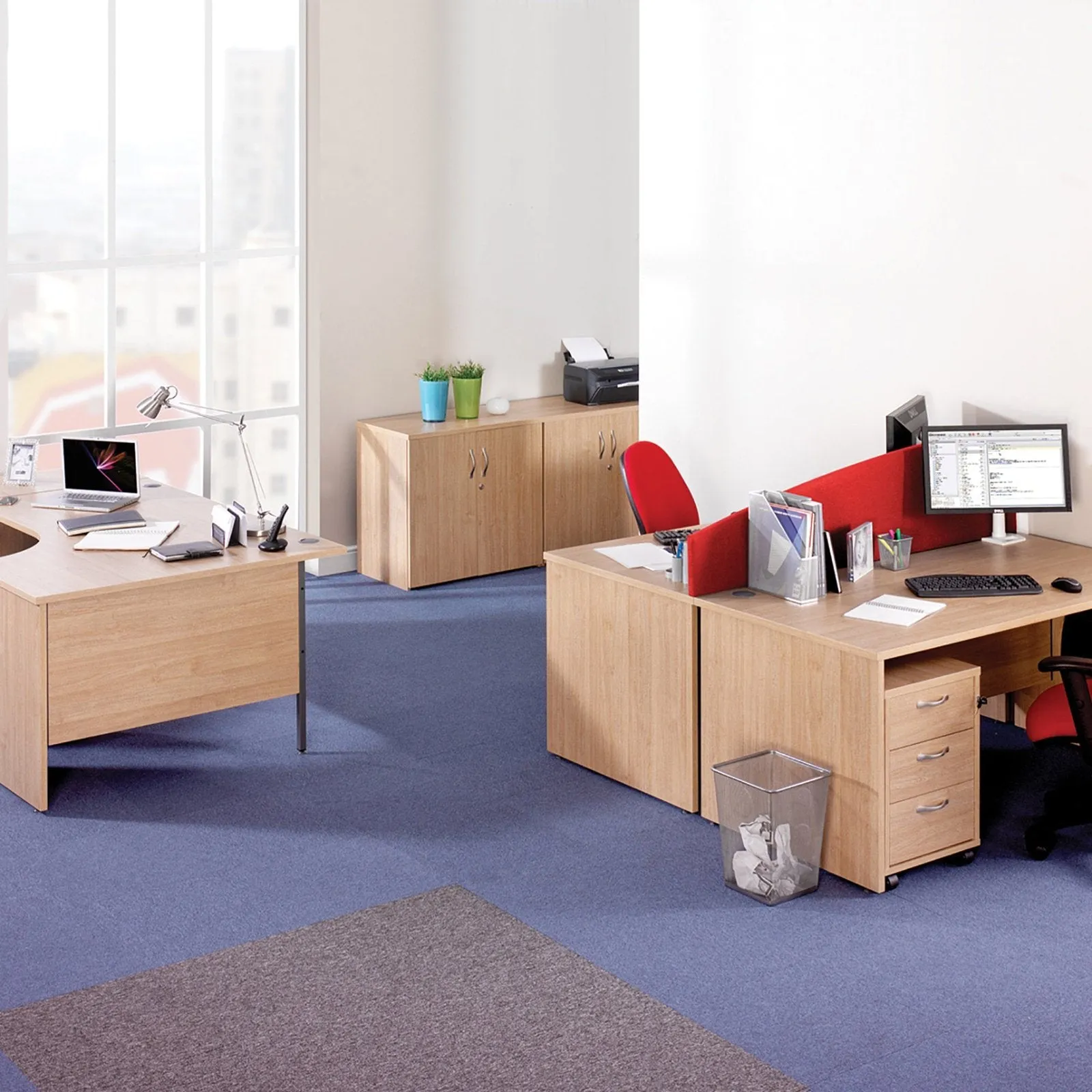 Maestro 25 panel leg straight desk 800 deep with 2 and 3 drawer pedestals