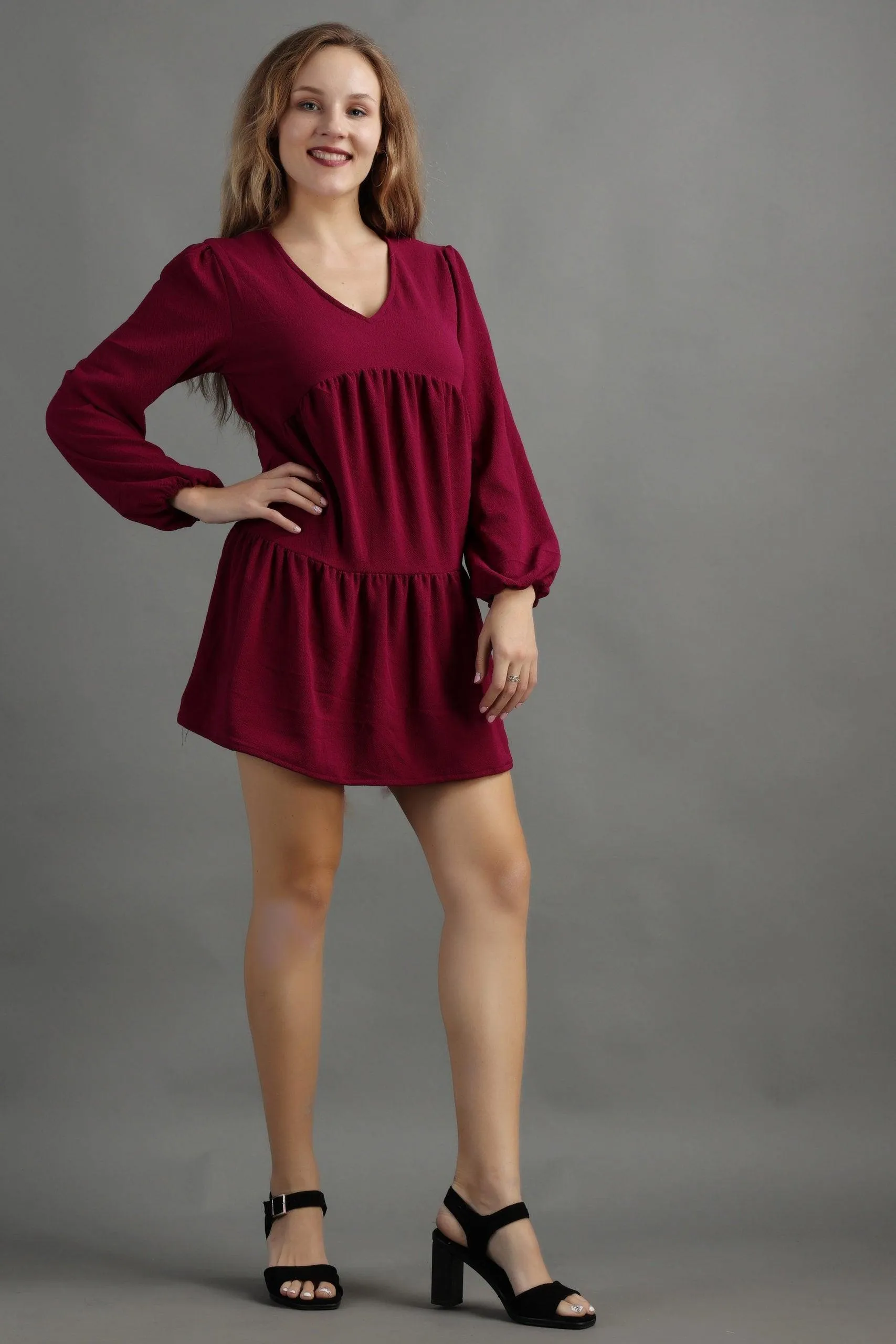 Maroon Solid Frill Dress