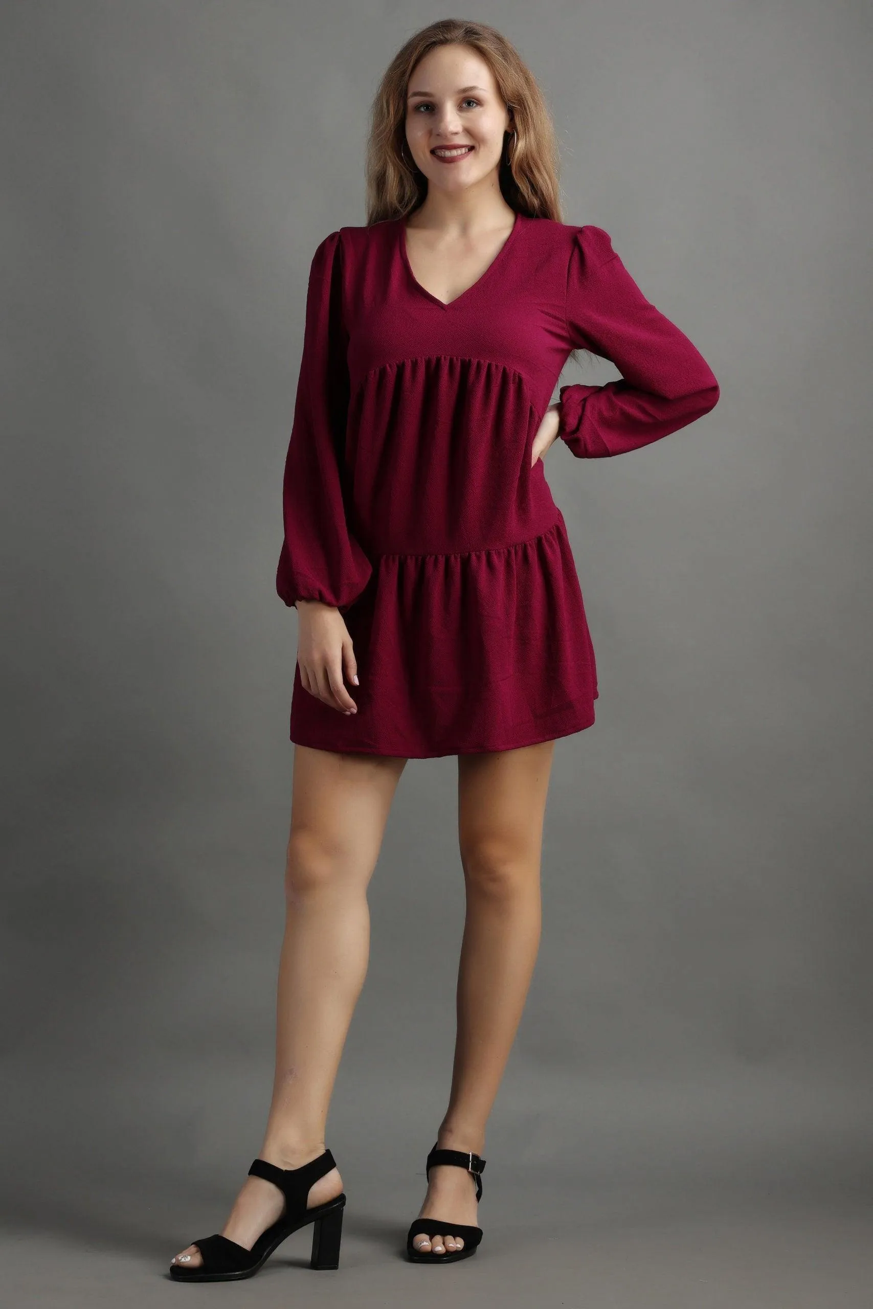 Maroon Solid Frill Dress