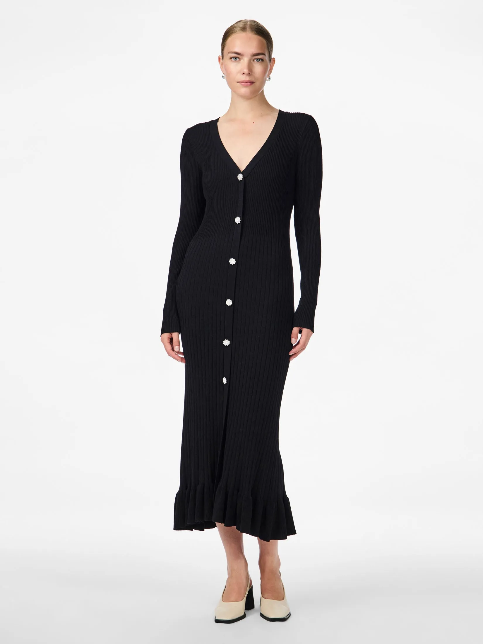 Mikke Ls Midi Knit Dress S - Black
