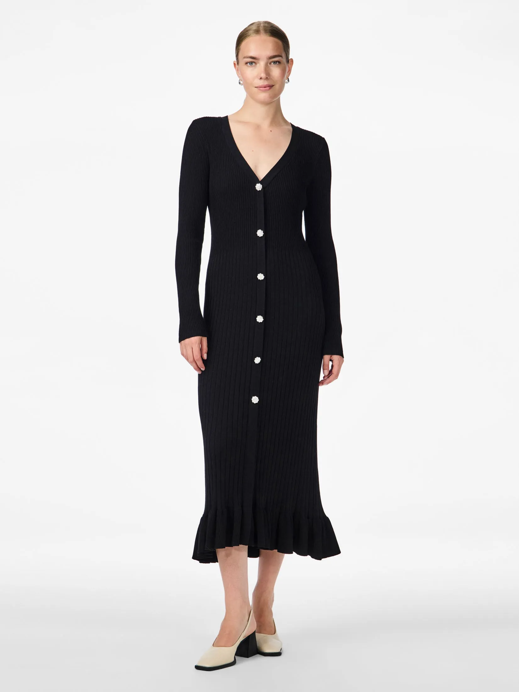 Mikke Ls Midi Knit Dress S - Black