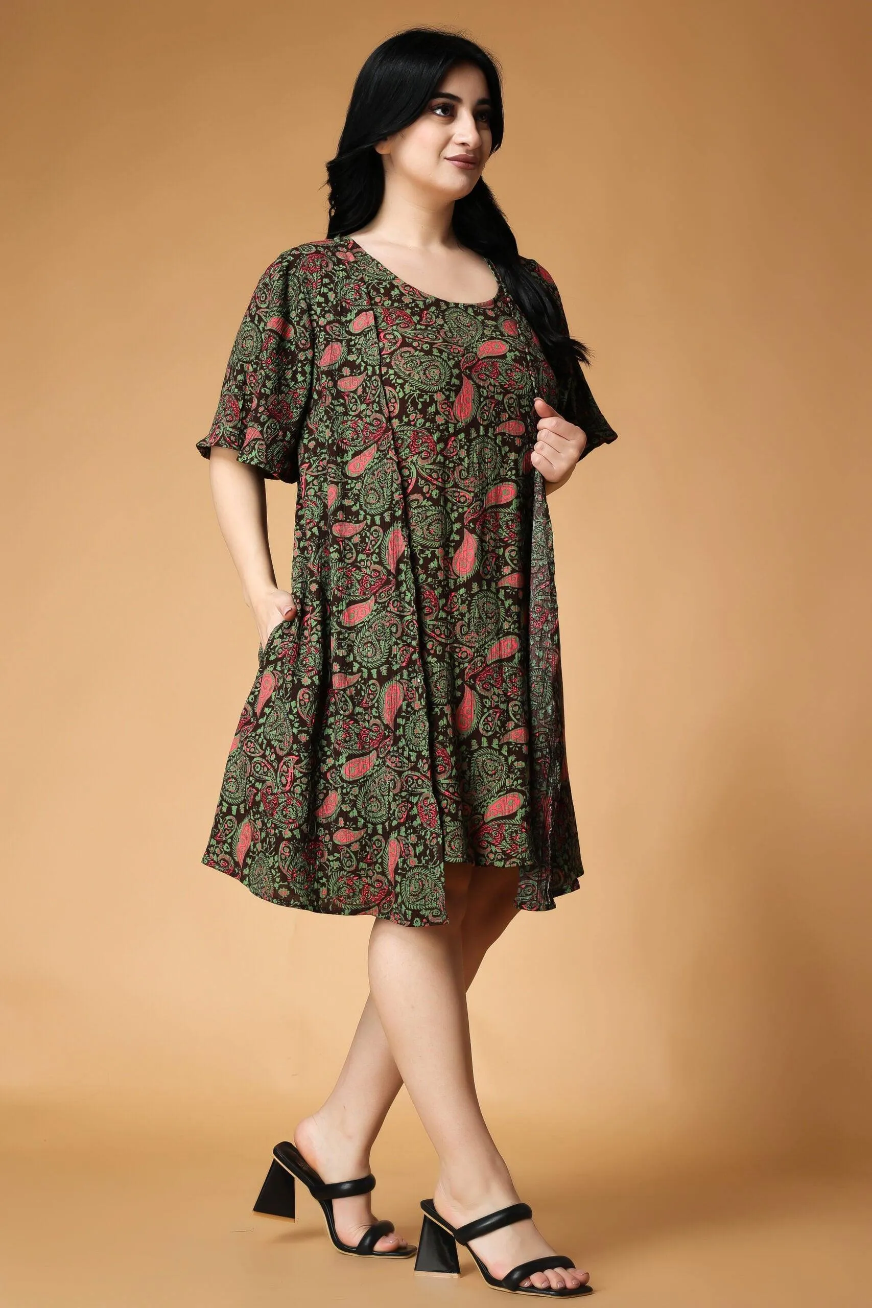 Motif Printed Dress with Shrug