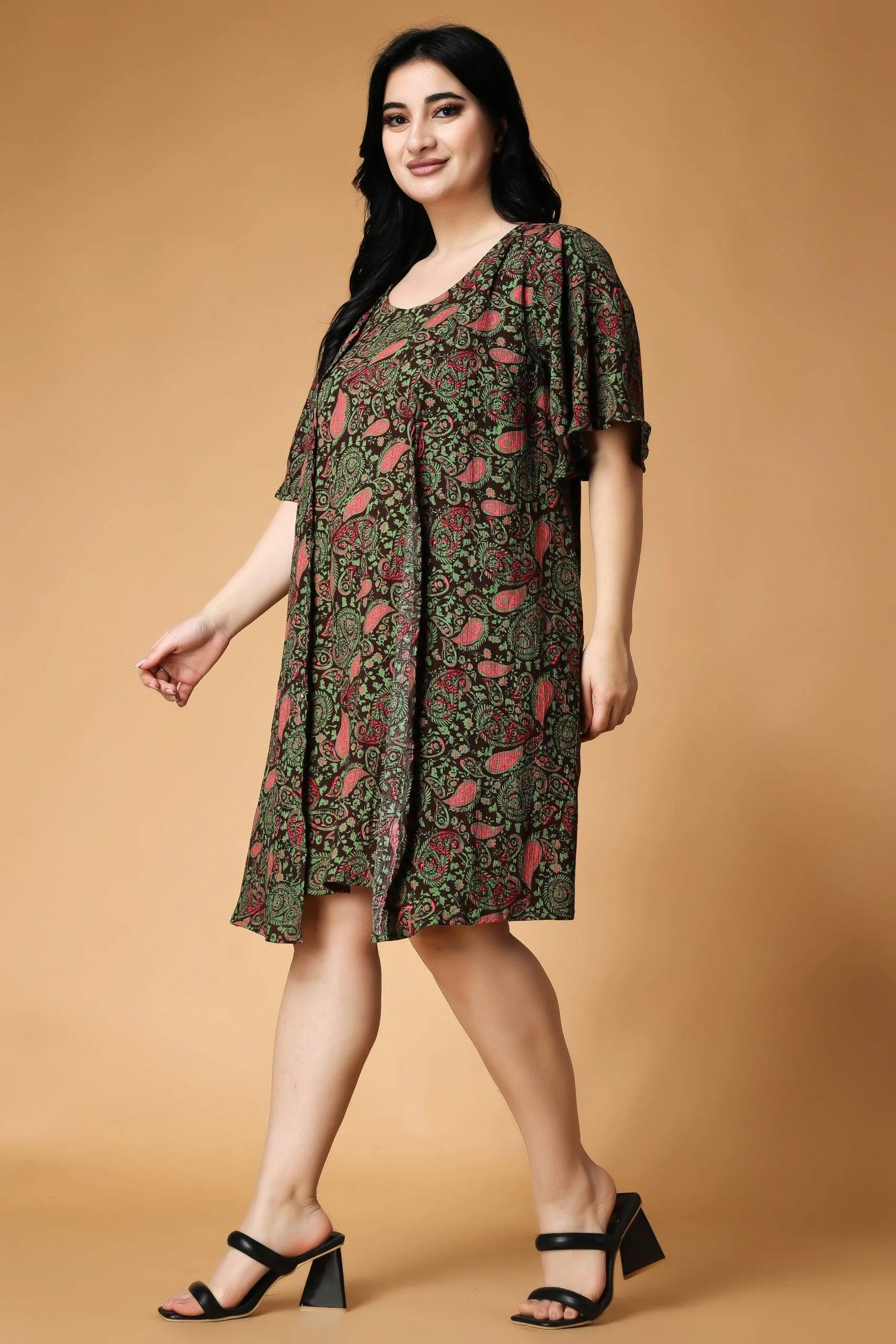 Motif Printed Dress with Shrug