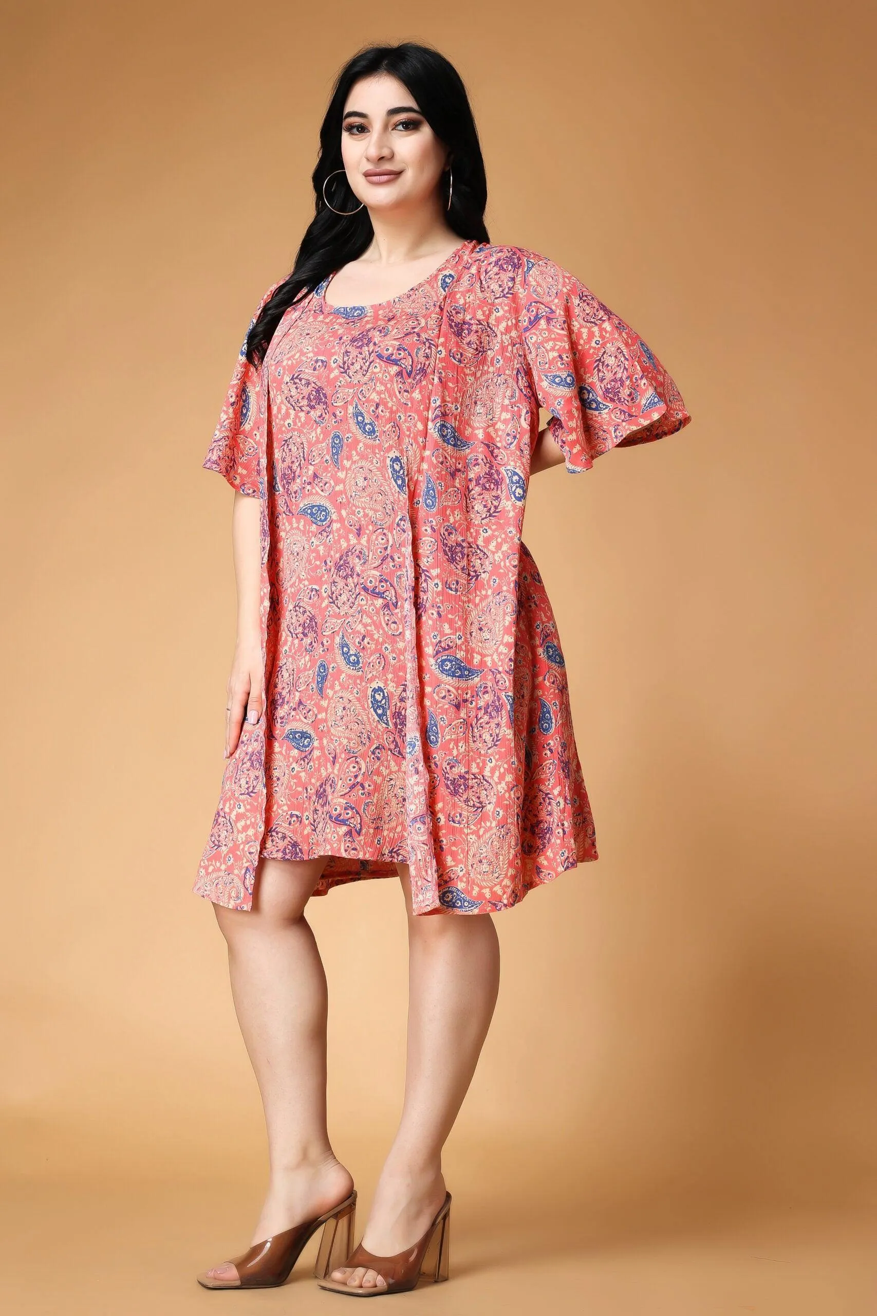 Motif Printed Dress with Shrug