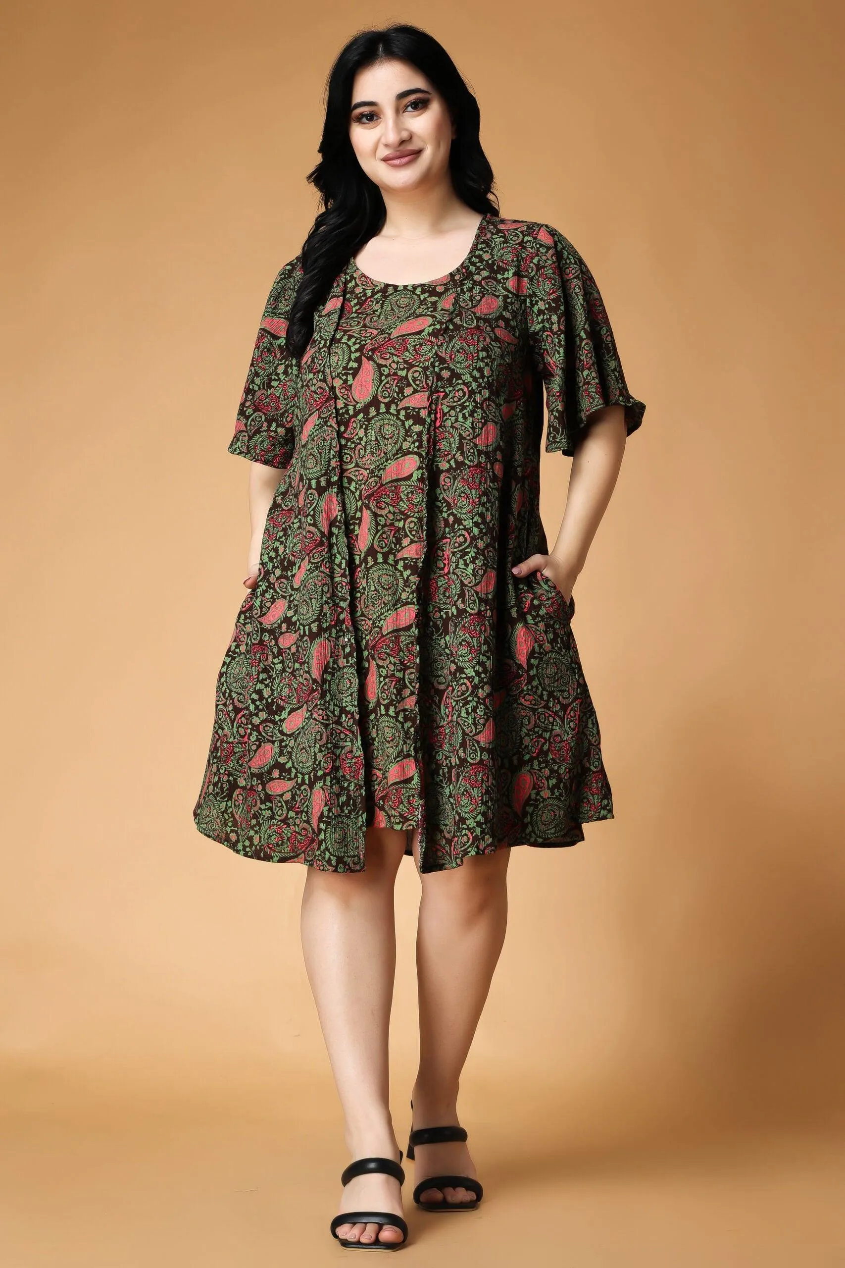 Motif Printed Dress with Shrug