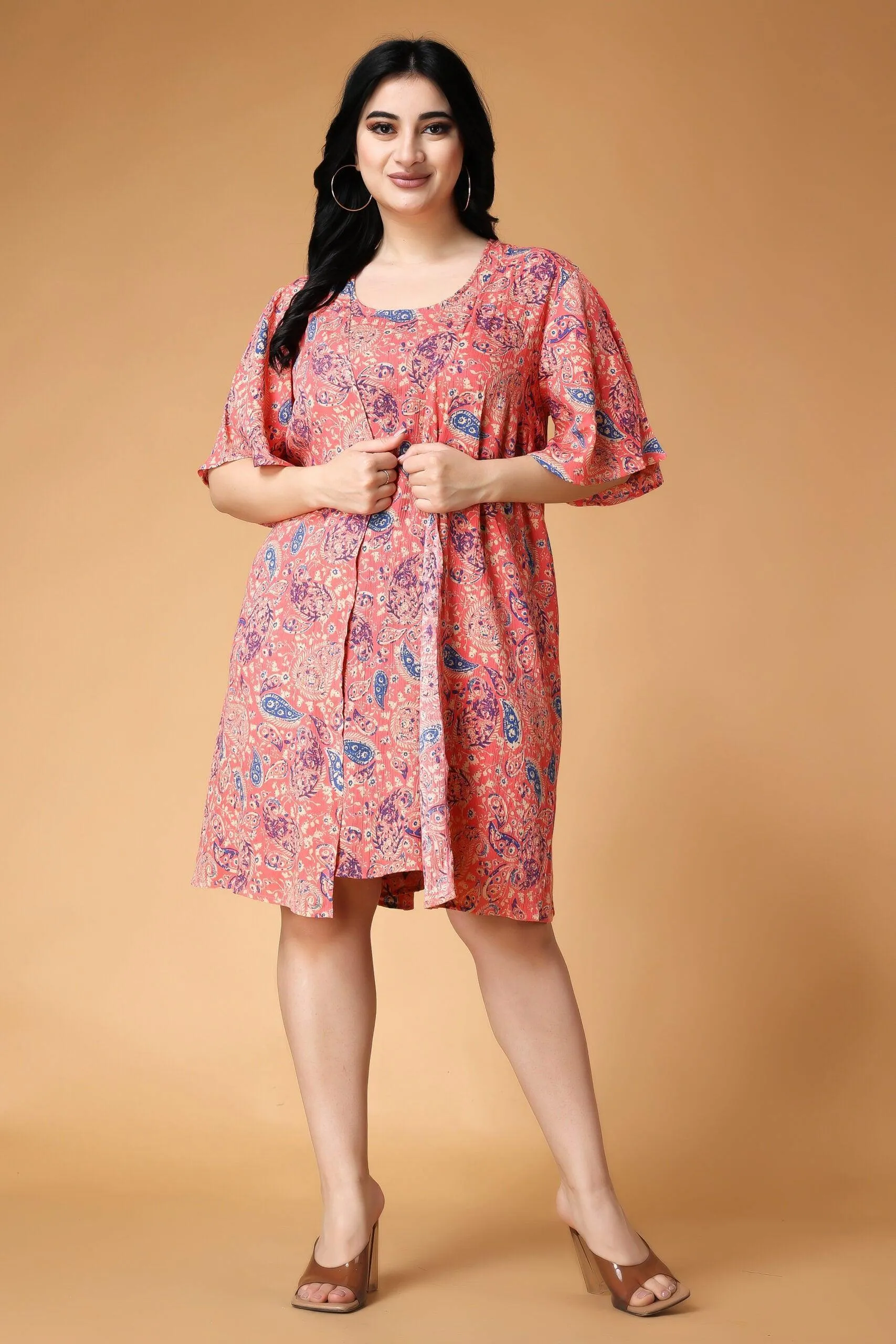 Motif Printed Dress with Shrug