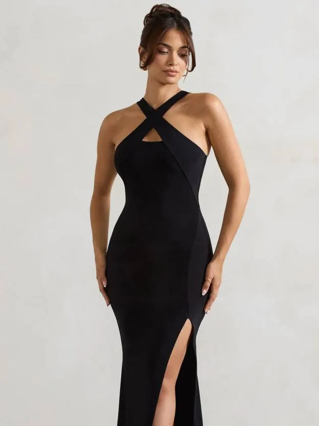 Noir Cross Shoulder Neck Bodycon Slit Dress