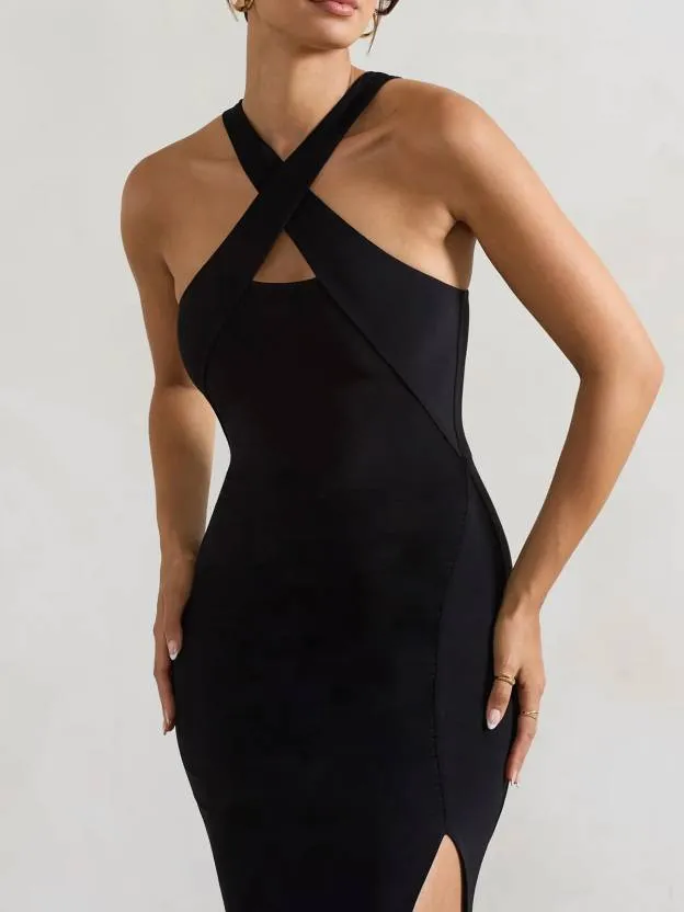 Noir Cross Shoulder Neck Bodycon Slit Dress